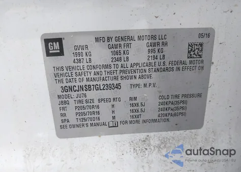 2016 Chevrolet Trax 1Ls z USA, uszkodzony, nr VIN 3GNCJNSB7GL239345